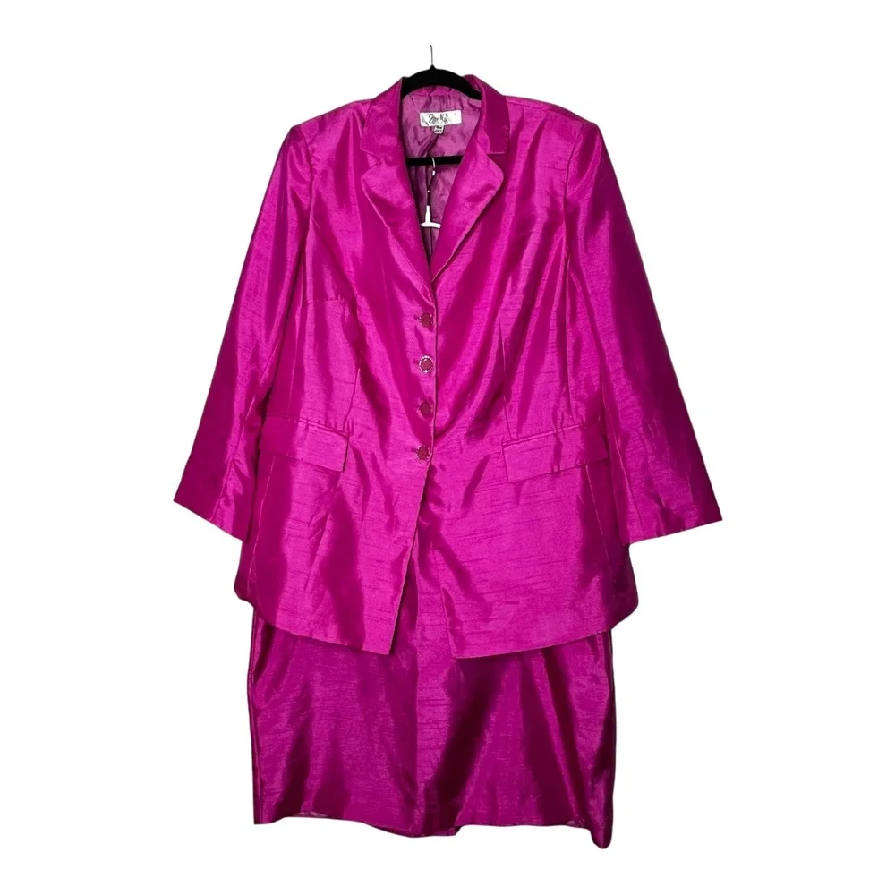 Emily Womens Magenta Pink Skirt Suit Set Rhinestone Buttons Plus‎ Size 18W